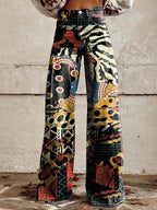 Wide Leg Trousers Grey Daisy Floral Print High Waist Women's – Casual, Holiday · Werune