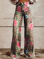 Wide Leg Trousers Grey Daisy Floral Print High Waist Women's – Casual, Holiday · Werune