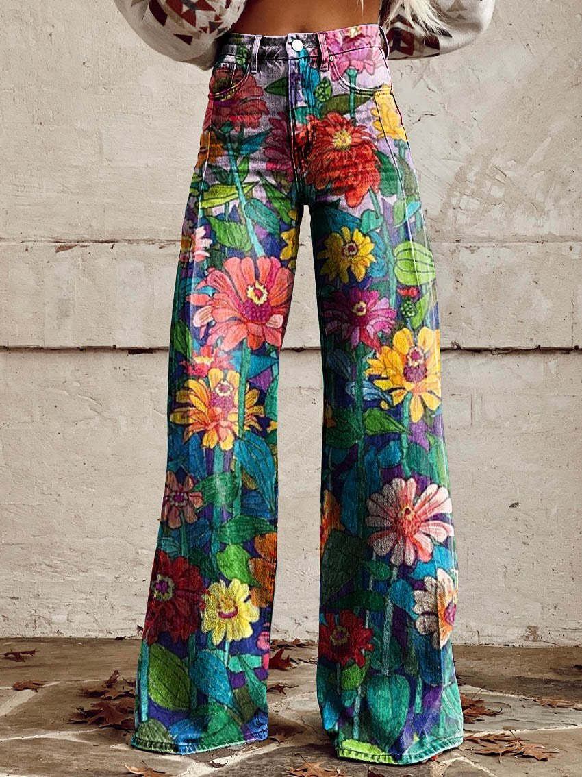 Wide Leg Trousers Grey Daisy Floral Print High Waist Women's – Casual, Holiday · Werune
