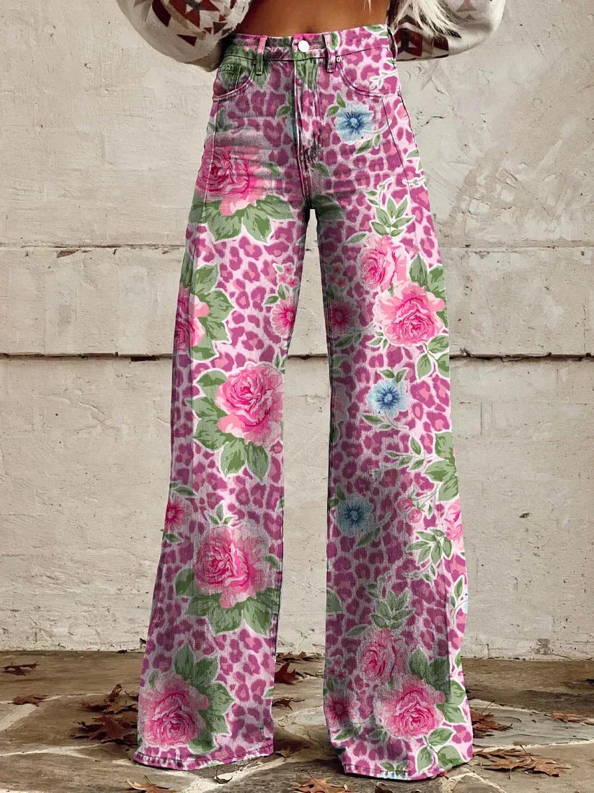 Wide Leg Trousers Grey Daisy Floral Print High Waist Women's – Casual, Holiday · Werune