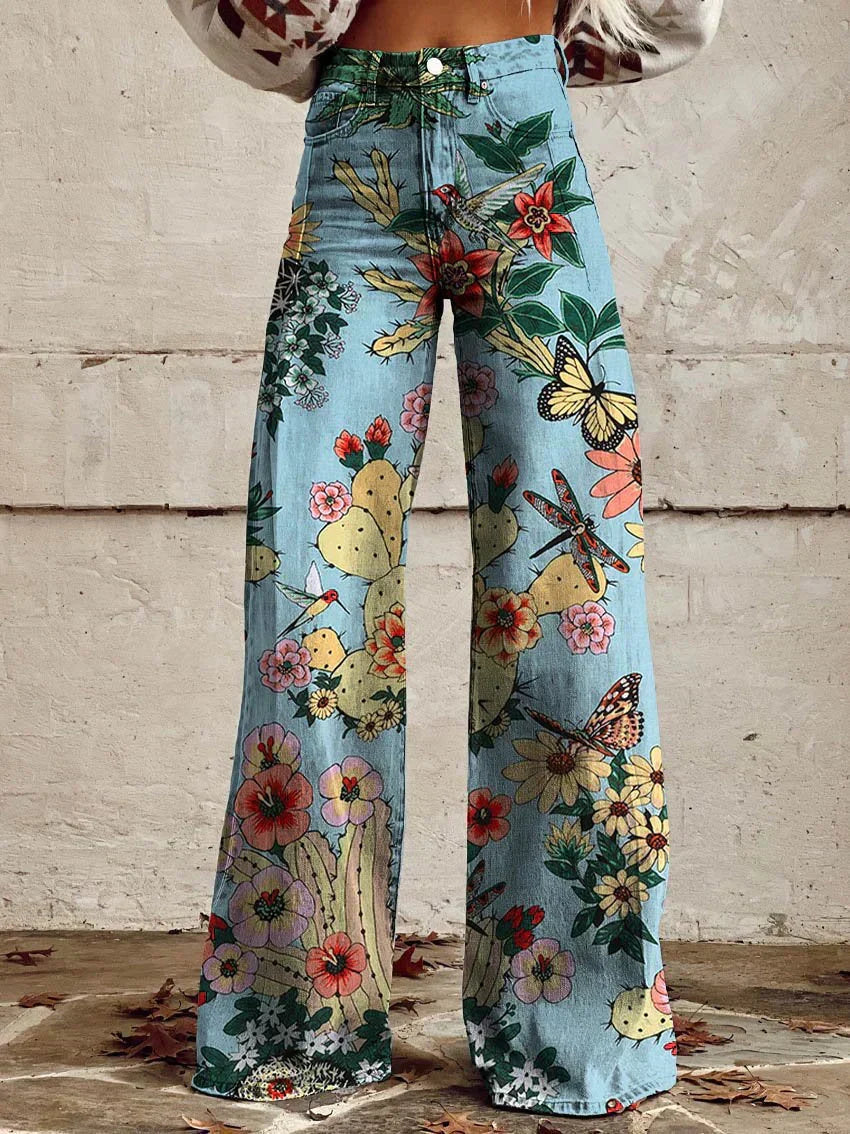 Wide Leg Trousers Grey Daisy Floral Print High Waist Women's – Casual, Holiday · Werune