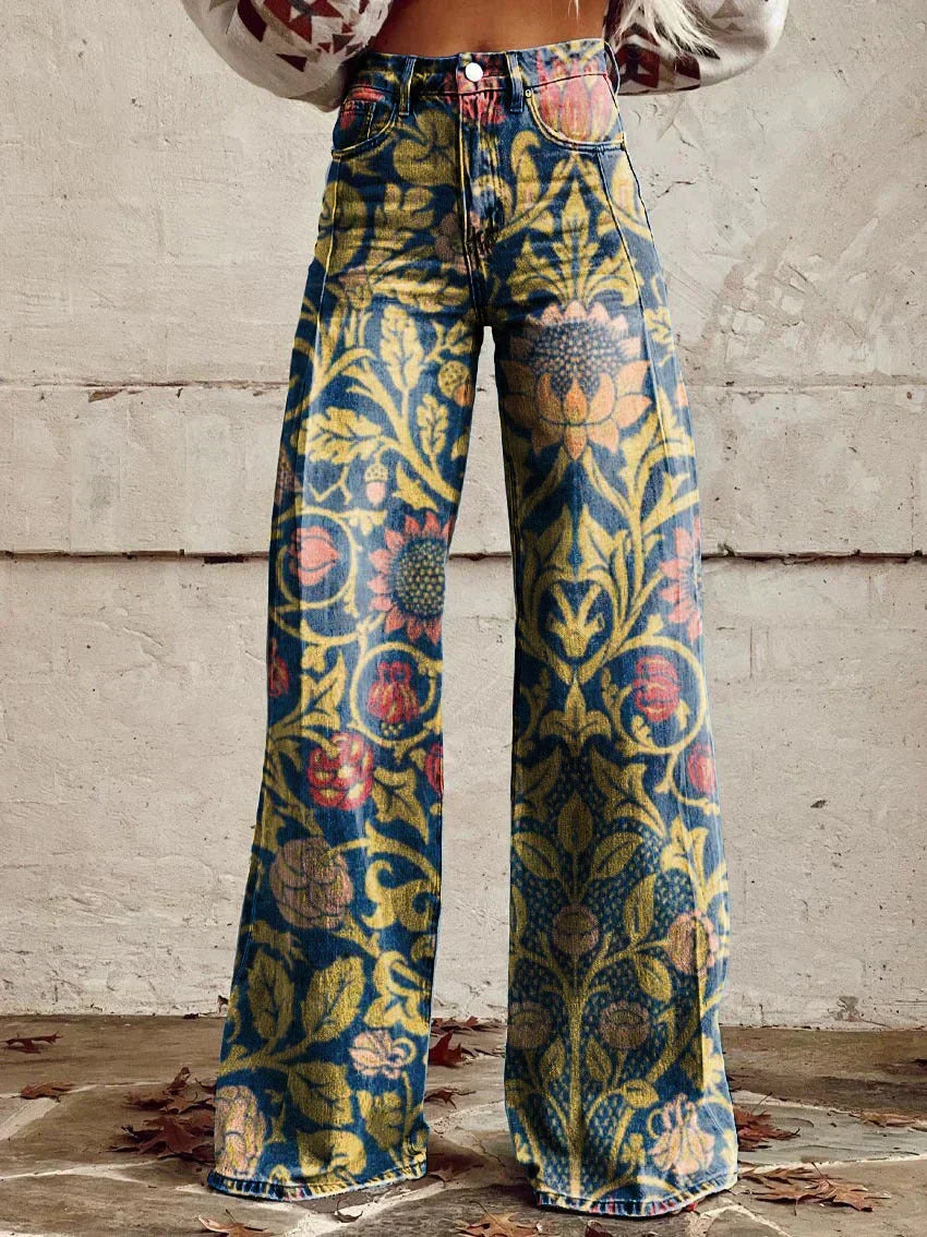Wide Leg Trousers Grey Daisy Floral Print High Waist Women's – Casual, Holiday · Werune