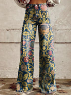 Wide Leg Trousers Grey Daisy Floral Print High Waist Women's – Casual, Holiday · Werune
