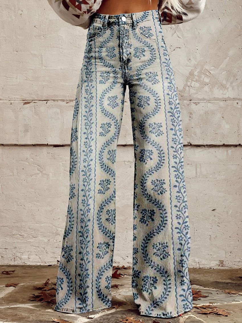 Wide Leg Trousers Grey Daisy Floral Print High Waist Women's – Casual, Holiday · Werune