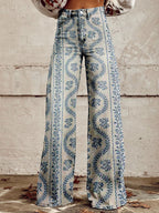 Wide Leg Trousers Grey Daisy Floral Print High Waist Women's – Casual, Holiday · Werune