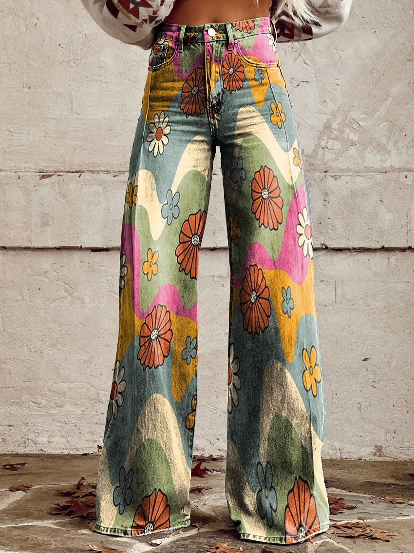 Wide Leg Trousers Grey Daisy Floral Print High Waist Women's – Casual, Holiday · Werune
