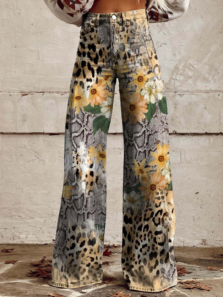 Wide Leg Trousers Grey Daisy Floral Print High Waist Women's – Casual, Holiday · Werune