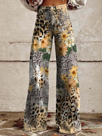 Wide Leg Trousers Grey Daisy Floral Print High Waist Women's – Casual, Holiday · Werune