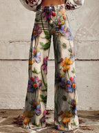 Wide Leg Trousers Grey Daisy Floral Print High Waist Women's – Casual, Holiday · Werune