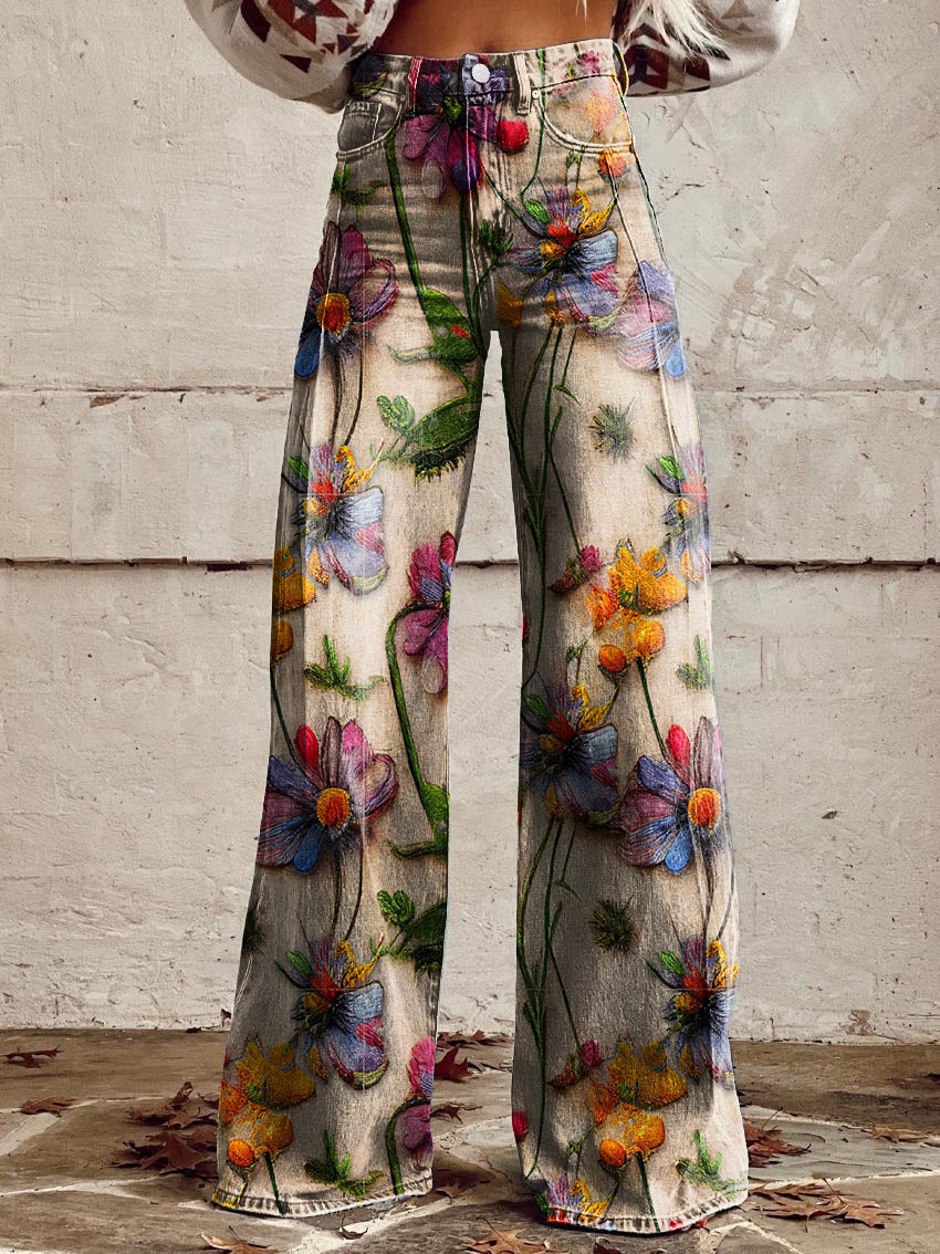 Wide Leg Trousers Grey Daisy Floral Print High Waist Women's – Casual, Holiday · Werune