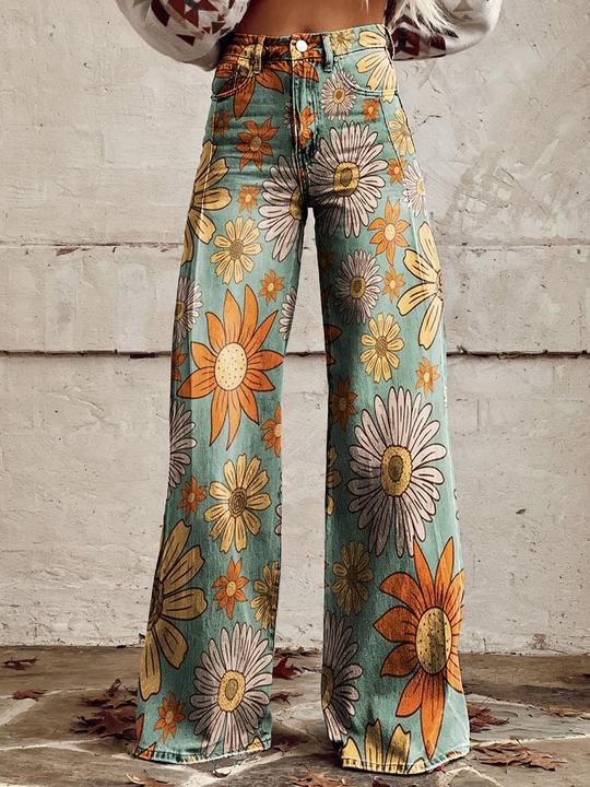 Wide Leg Trousers Grey Daisy Floral Print High Waist Women's – Casual, Holiday · Werune