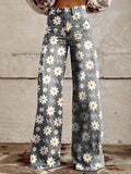 Wide Leg Trousers Grey Daisy Floral Print High Waist Women's – Casual, Holiday · Werune