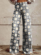 Wide Leg Trousers Grey Daisy Floral Print High Waist Women's – Casual, Holiday · Werune