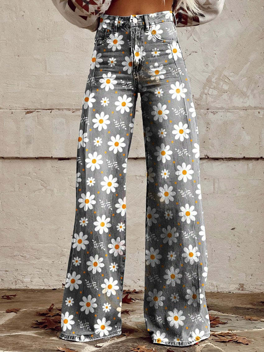 Wide Leg Trousers Grey Daisy Floral Print High Waist Women's – Casual, Holiday · Werune