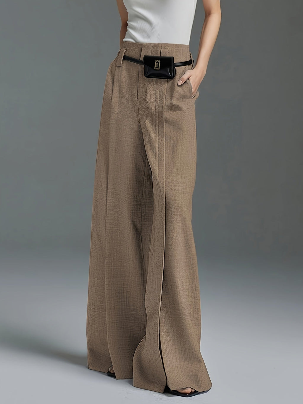 Wide-Leg Trousers Grey High-Waist Women's with Side Slit & Pockets – Office, Casual, Workwear, Gift