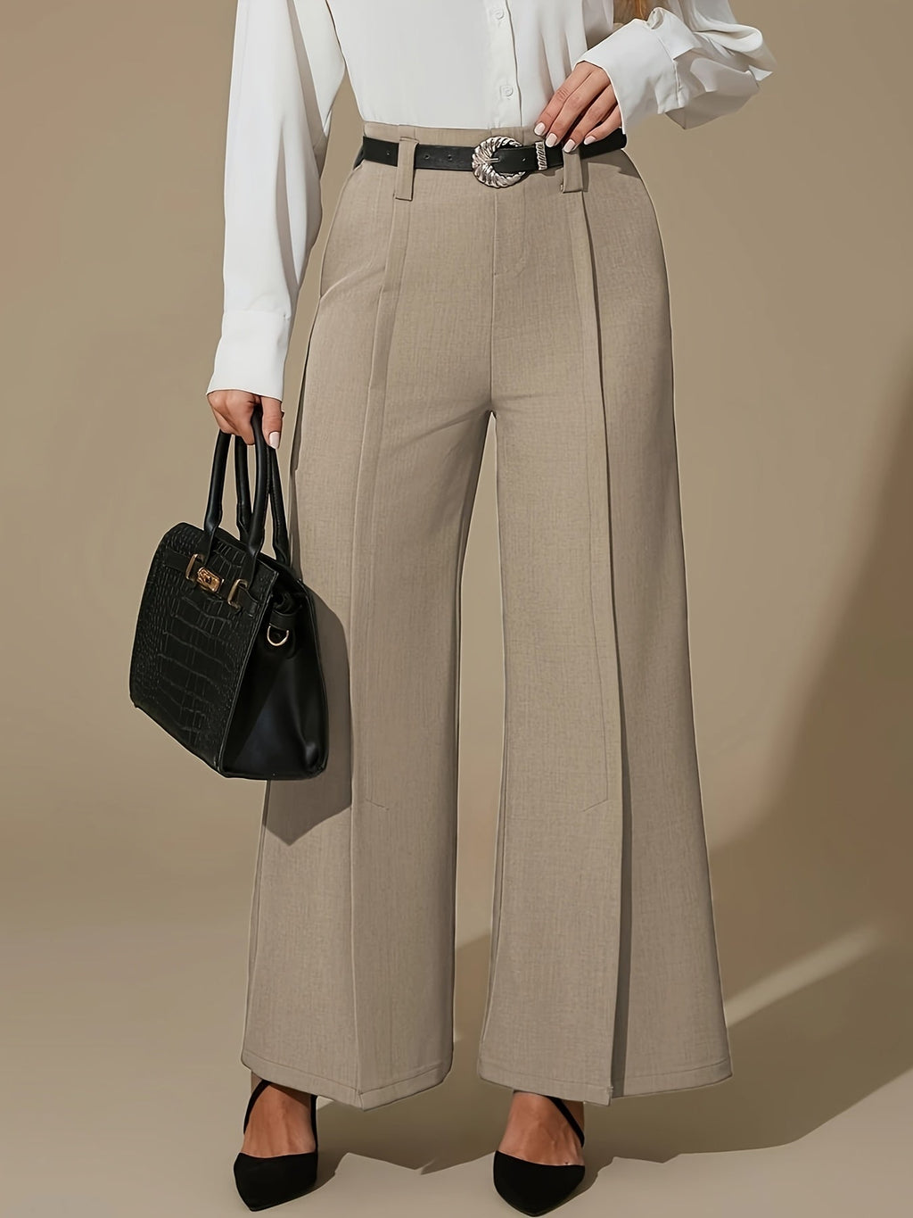 Wide-Leg Trousers Grey High-Waist Women's with Side Slit & Pockets – Office, Casual, Workwear, Gift