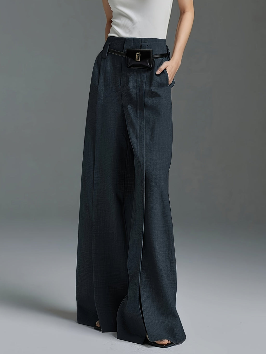 Wide-Leg Trousers Grey High-Waist Women's with Side Slit & Pockets – Office, Casual, Workwear, Gift
