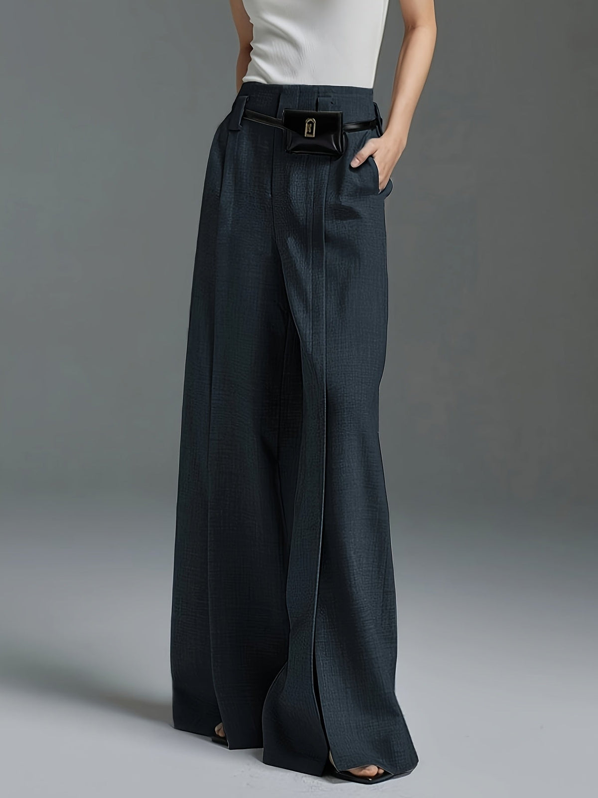 Wide-Leg Trousers Grey High-Waist Women's with Side Slit & Pockets – Office, Casual, Workwear, Gift