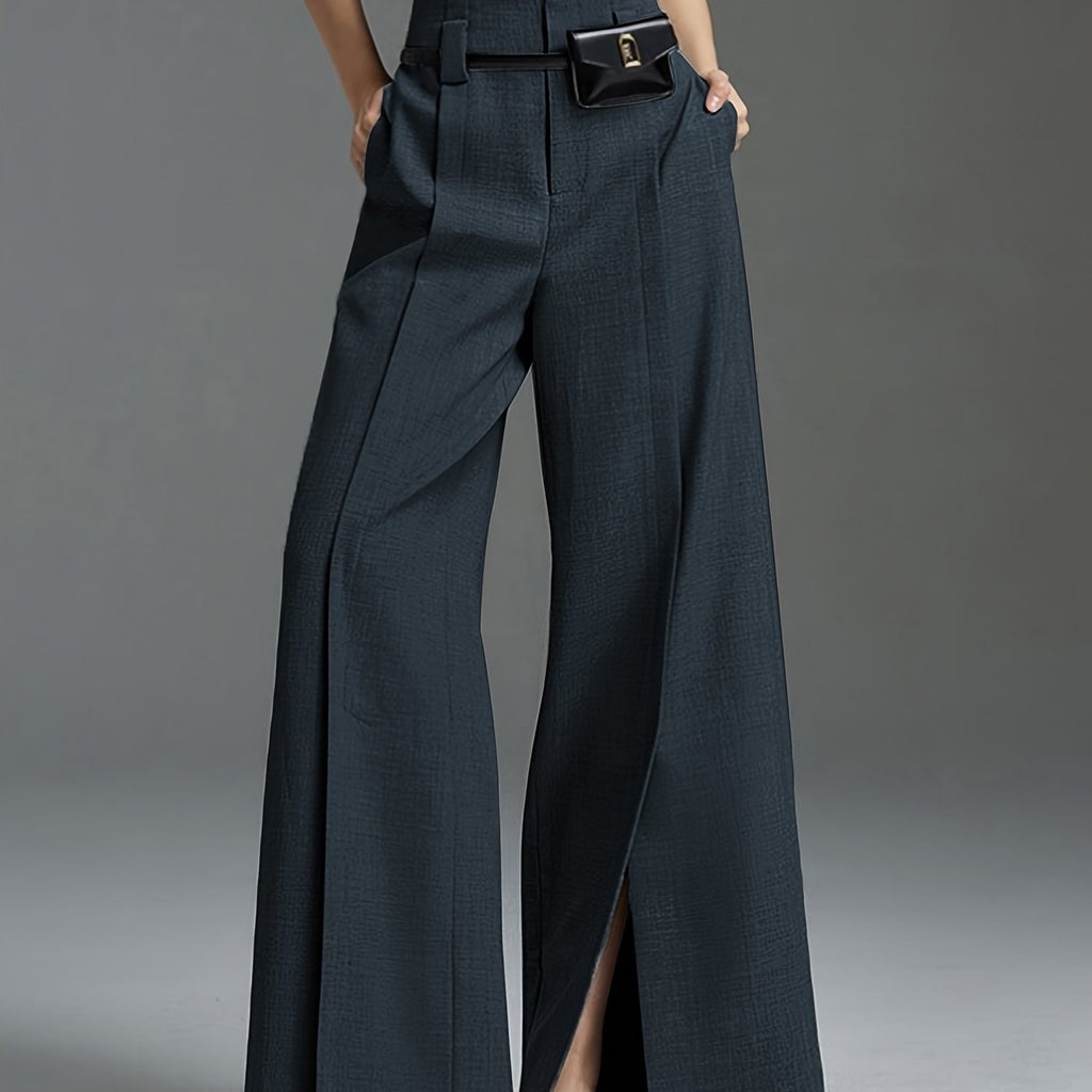 Wide-Leg Trousers Grey High-Waist Women's with Side Slit & Pockets – Office, Casual, Workwear, Gift
