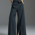 Wide-Leg Trousers Grey High-Waist Women's with Side Slit & Pockets – Office, Casual, Workwear, Gift