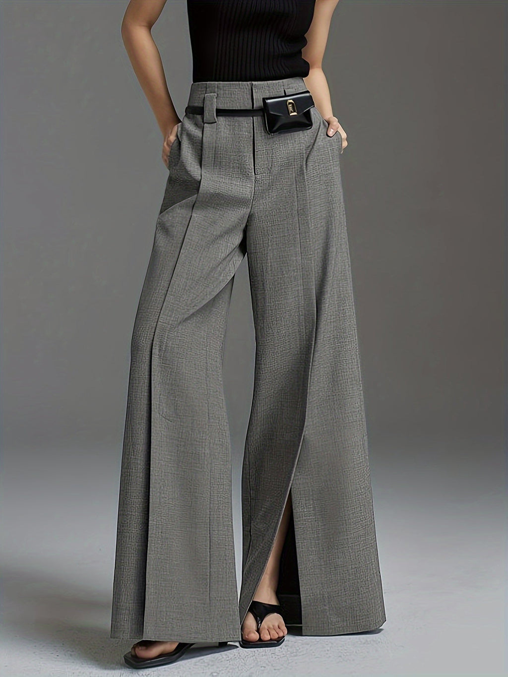 Wide-Leg Trousers Grey High-Waist Women's with Side Slit & Pockets – Office, Casual, Workwear, Gift