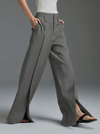Wide-Leg Trousers Grey High-Waist Women's with Side Slit & Pockets – Office, Casual, Workwear, Gift