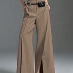 Wide-Leg Trousers Grey High-Waist Women's with Side Slit & Pockets – Office, Casual, Workwear, Gift