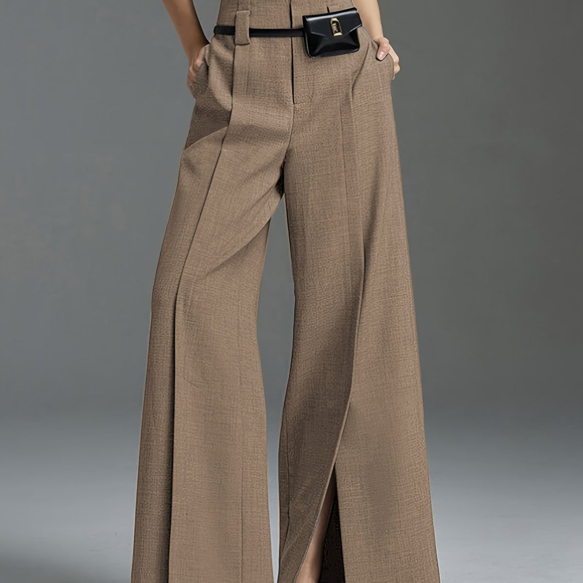 Wide-Leg Trousers Grey High-Waist Women's with Side Slit & Pockets – Office, Casual, Workwear, Gift