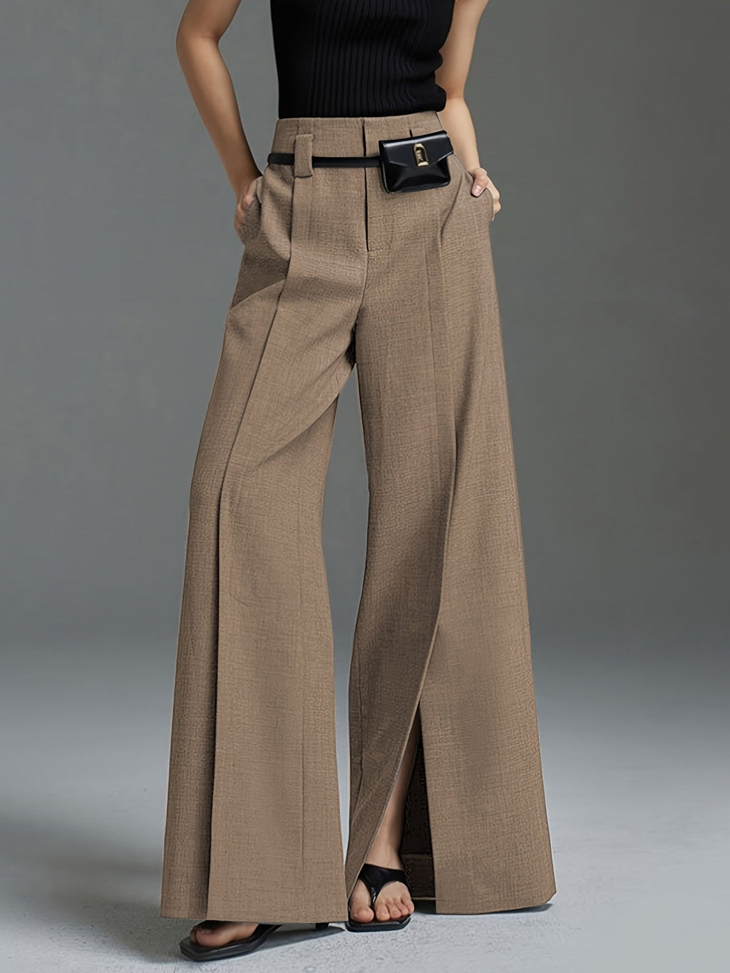 Wide-Leg Trousers Grey High-Waist Women's with Side Slit & Pockets – Office, Casual, Workwear, Gift