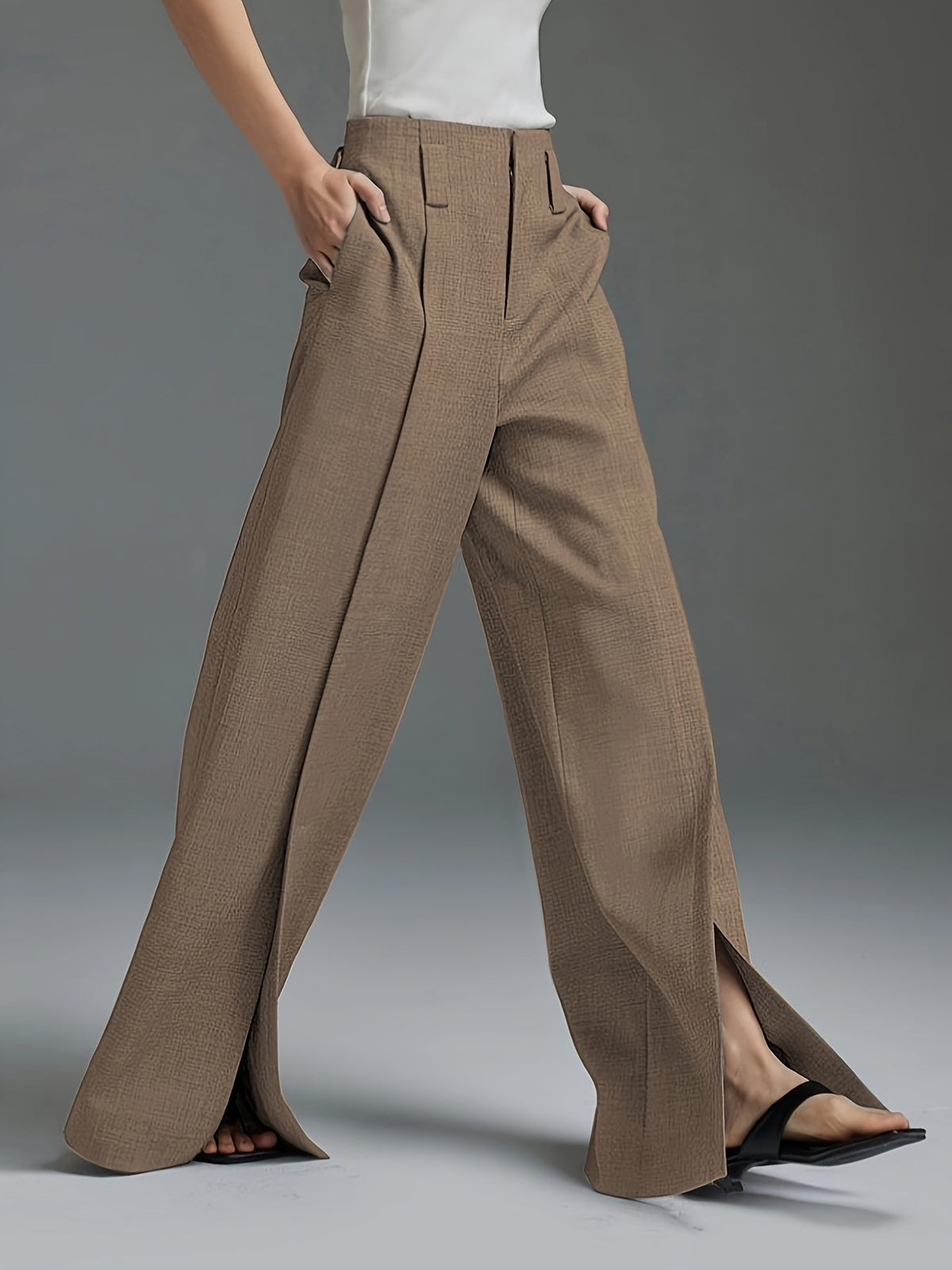 Wide-Leg Trousers Grey High-Waist Women's with Side Slit & Pockets – Office, Casual, Workwear, Gift