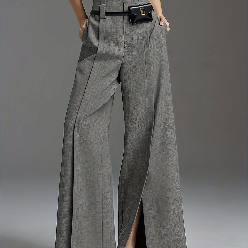 Wide-Leg Trousers Grey High-Waist Women's with Side Slit & Pockets – Office, Casual, Workwear, Gift