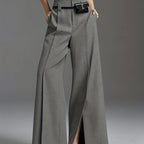 Wide-Leg Trousers Grey High-Waist Women's with Side Slit & Pockets – Office, Casual, Workwear, Gift