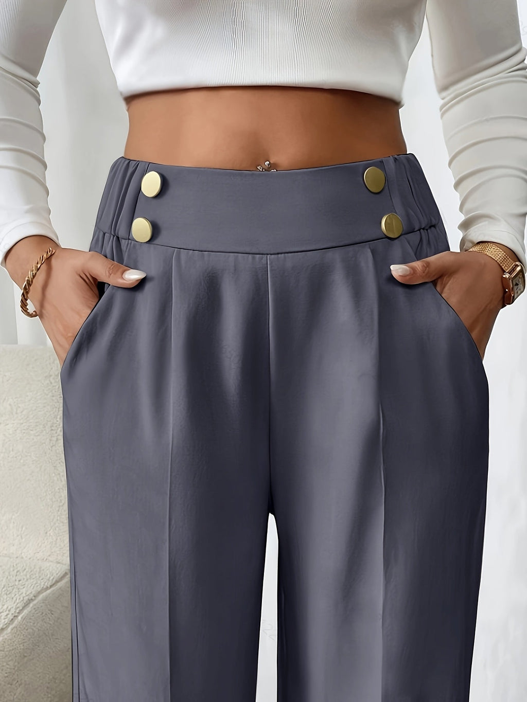 Wide-Leg Trousers High-Waist Beige Women's Button Detail – Office, Casual, Everyday Tailored Fit with Pockets