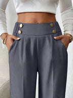 Wide-Leg Trousers High-Waist Beige Women's Button Detail – Office, Casual, Everyday Tailored Fit with Pockets