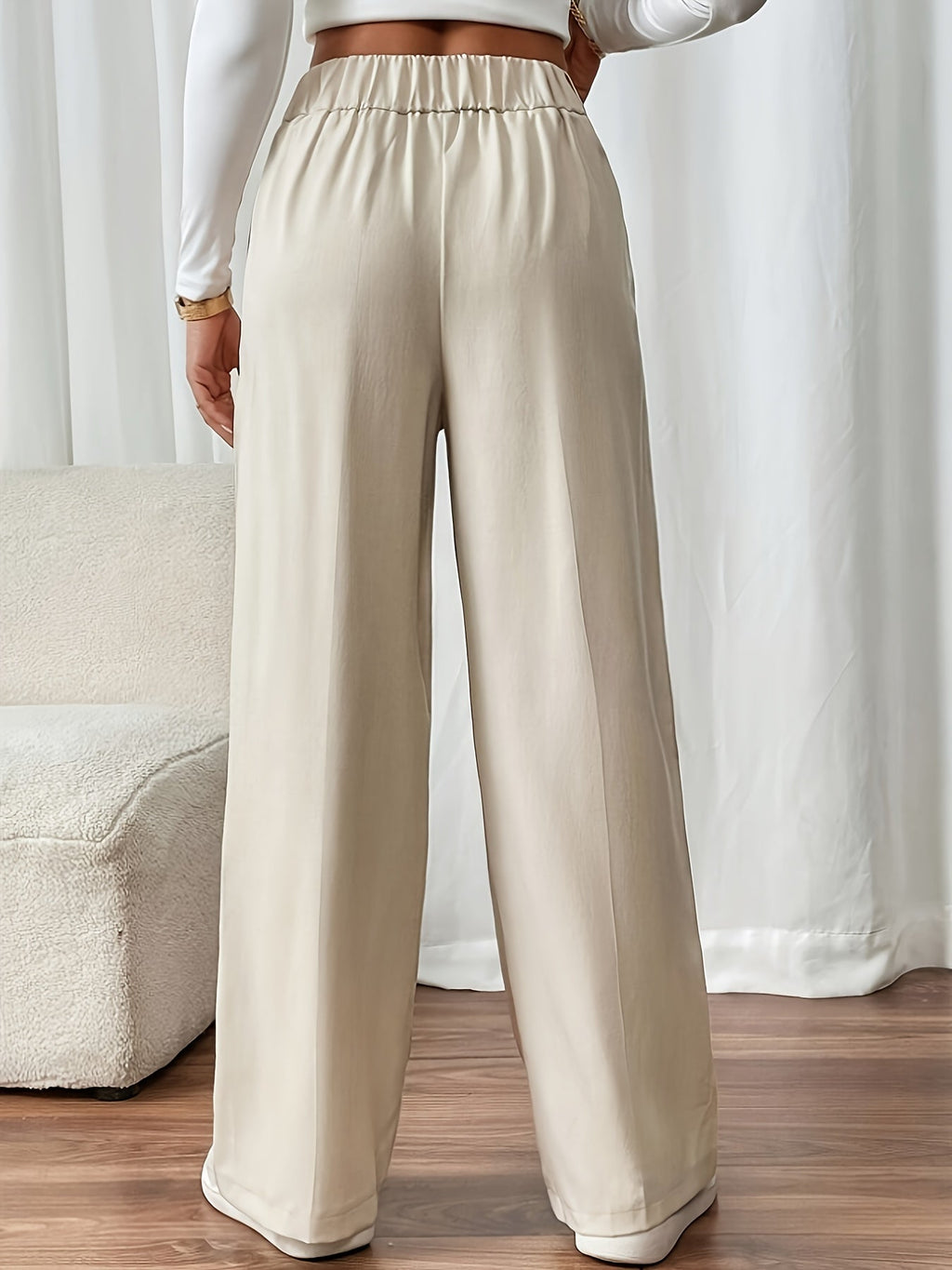 Wide-Leg Trousers High-Waist Beige Women's Button Detail – Office, Casual, Everyday Tailored Fit with Pockets