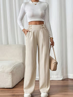 Wide-Leg Trousers High-Waist Beige Women's Button Detail – Office, Casual, Everyday Tailored Fit with Pockets