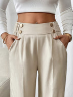 Wide-Leg Trousers High-Waist Beige Women's Button Detail – Office, Casual, Everyday Tailored Fit with Pockets