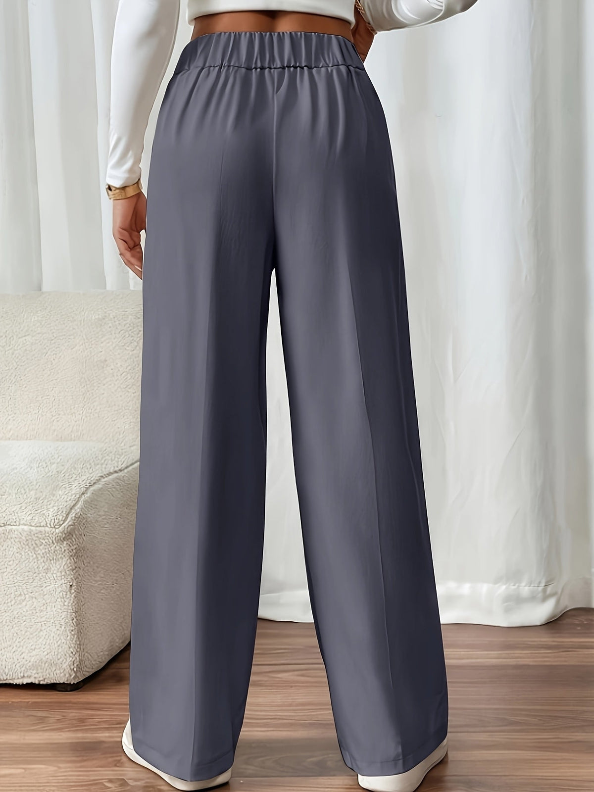 Wide-Leg Trousers High-Waist Beige Women's Button Detail – Office, Casual, Everyday Tailored Fit with Pockets