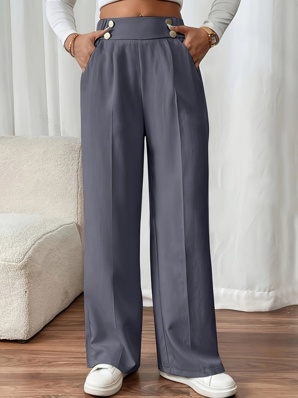 Wide-Leg Trousers High-Waist Beige Women's Button Detail – Office, Casual, Everyday Tailored Fit with Pockets