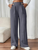 Wide-Leg Trousers High-Waist Beige Women's Button Detail – Office, Casual, Everyday Tailored Fit with Pockets