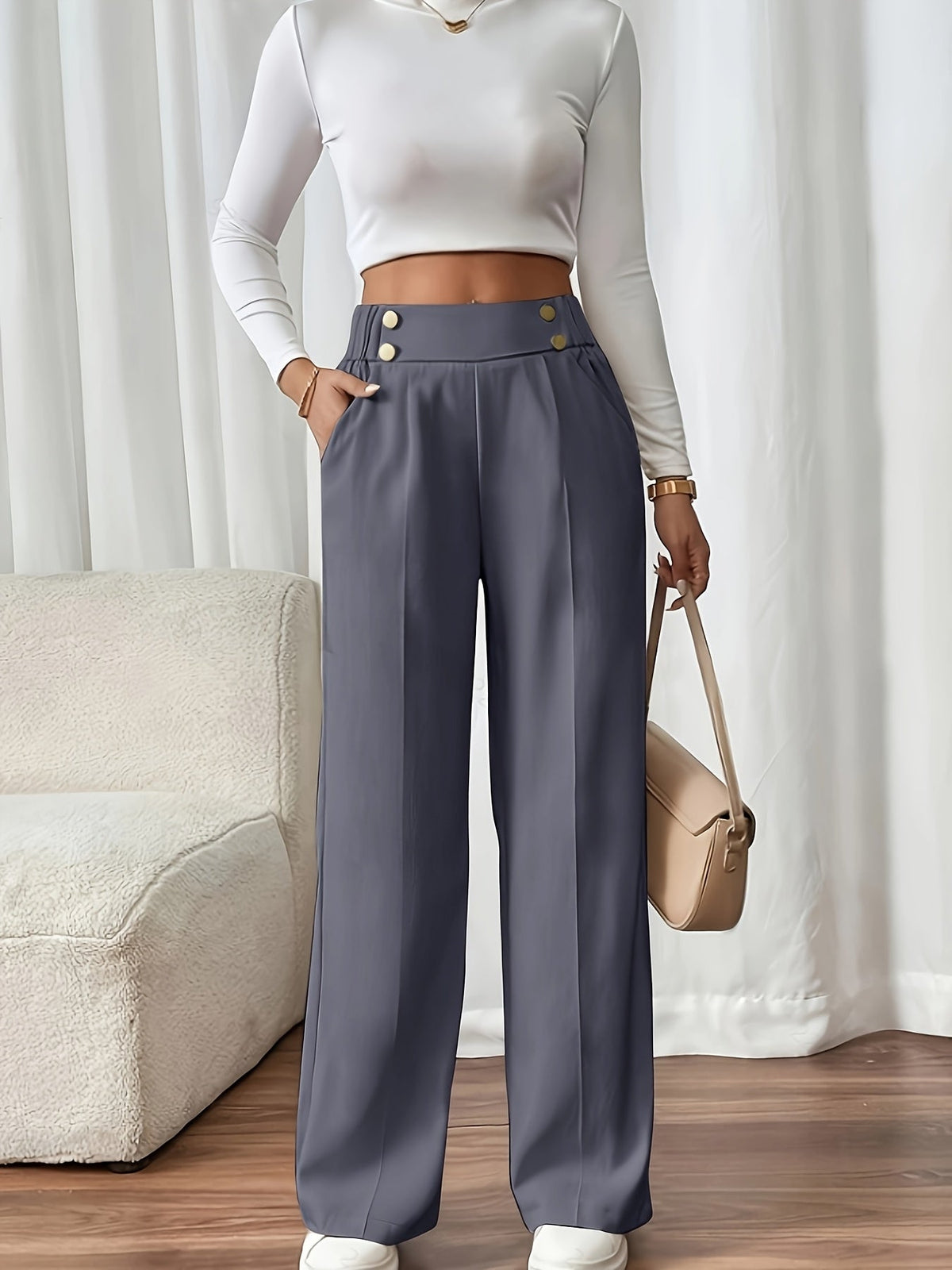 Wide-Leg Trousers High-Waist Beige Women's Button Detail – Office, Casual, Everyday Tailored Fit with Pockets