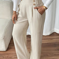 Wide-Leg Trousers High-Waist Beige Women's Button Detail – Office, Casual, Everyday Tailored Fit with Pockets