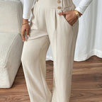 Wide-Leg Trousers High-Waist Beige Women's Button Detail – Office, Casual, Everyday Tailored Fit with Pockets