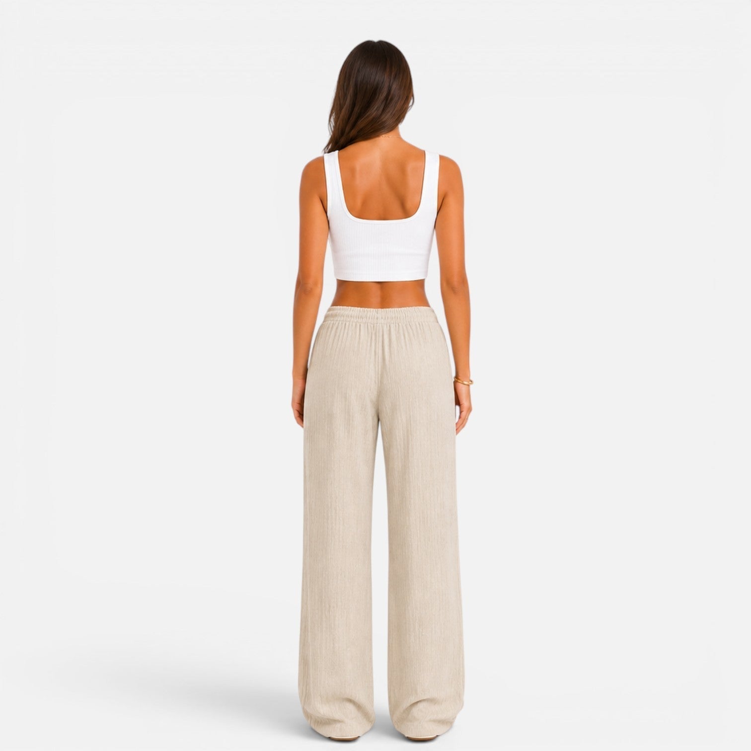 Wide Leg Trousers Pink Textured Women's Drawstring High Waist – Casual, Holiday, Office, Beach