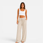 Wide Leg Trousers Pink Textured Women's Drawstring High Waist – Casual, Holiday, Office, Beach