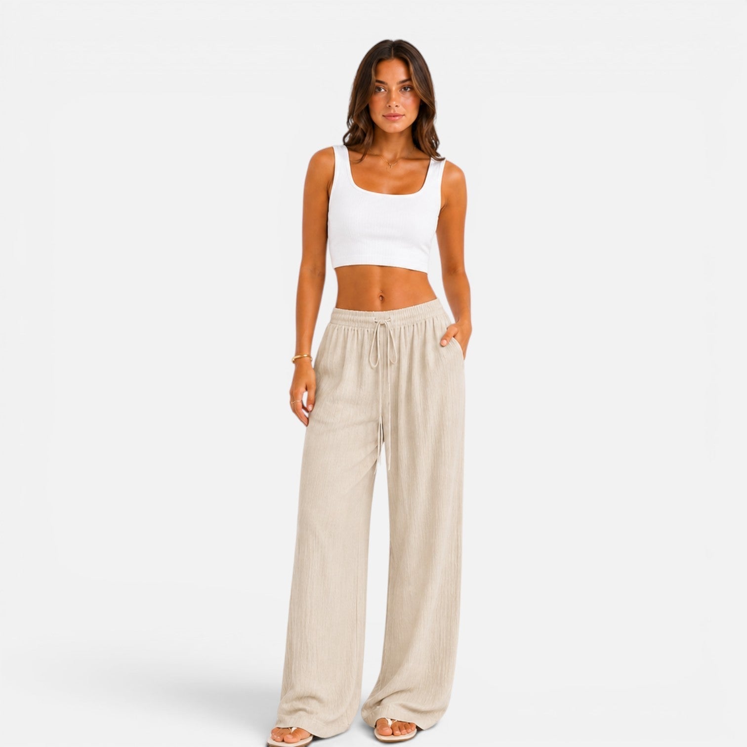 Wide Leg Trousers Pink Textured Women's Drawstring High Waist – Casual, Holiday, Office, Beach