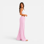 Wide Leg Trousers Pink Textured Women's Drawstring High Waist – Casual, Holiday, Office, Beach