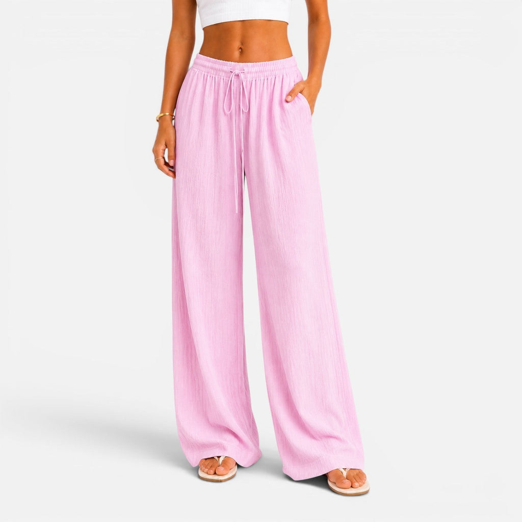 Wide Leg Trousers Pink Textured Women's Drawstring High Waist – Casual, Holiday, Office, Beach