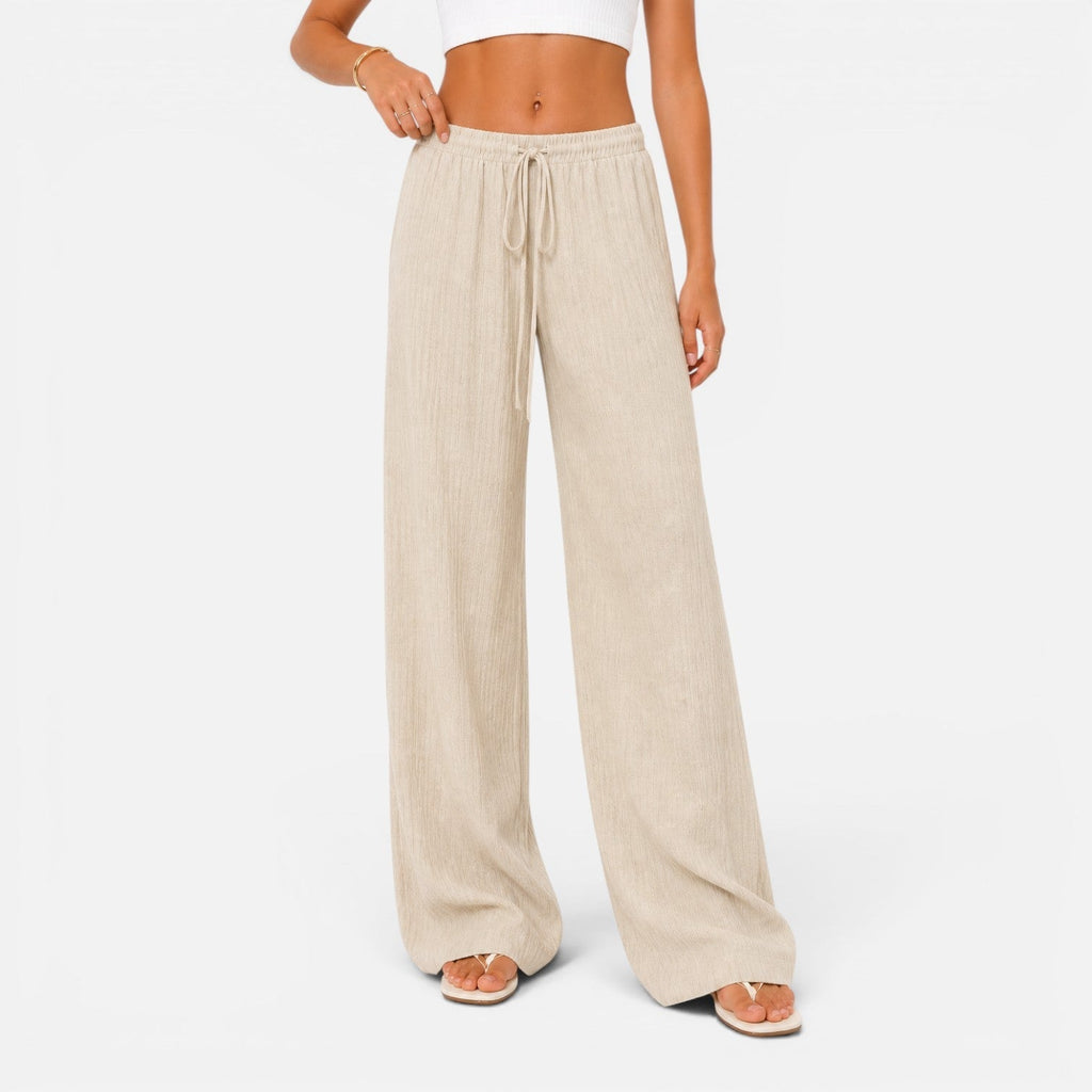 Wide Leg Trousers Pink Textured Women's Drawstring High Waist – Casual, Holiday, Office, Beach