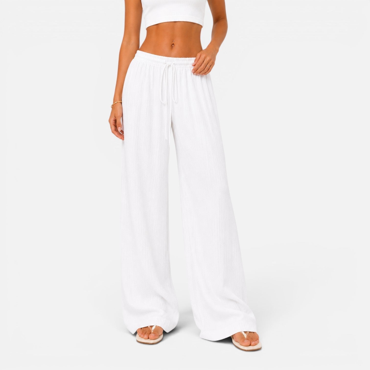 Wide Leg Trousers Pink Textured Women's Drawstring High Waist – Casual, Holiday, Office, Beach